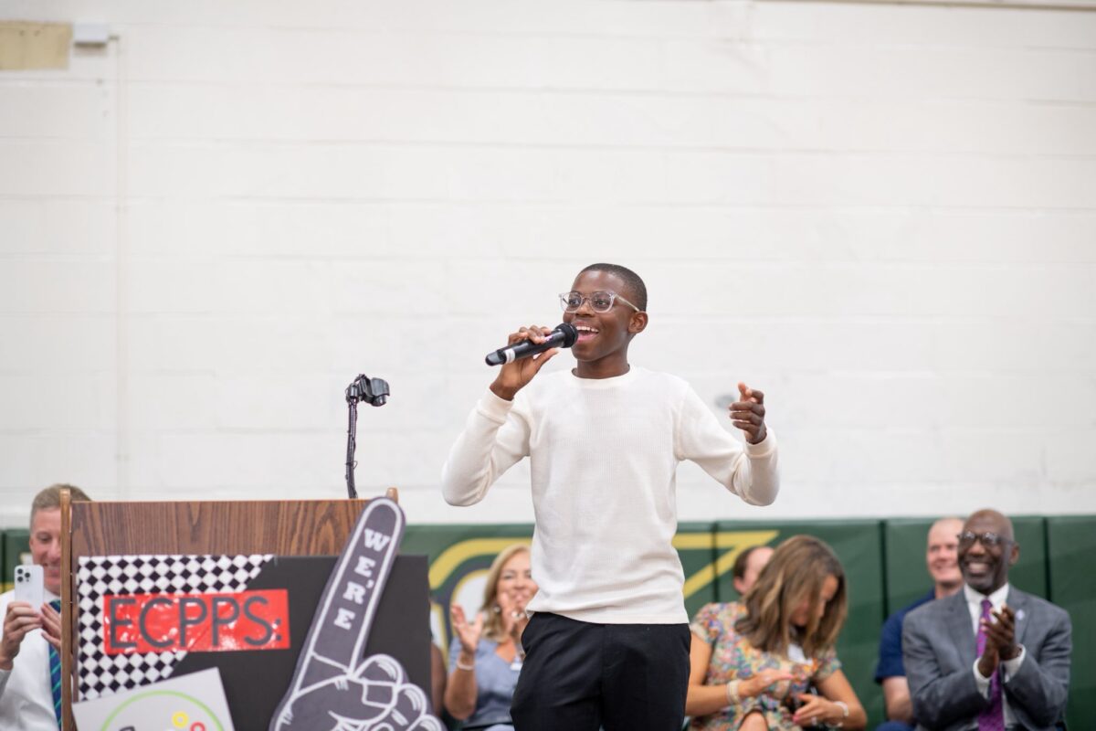 Abel singing at this year's Elizabeth City-Paquotank Public Schools (ECPPS) district convocation. Courtesy of ECPPS