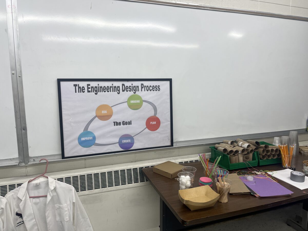 Photo of Central's elementary school stem lab (white coat, the engineering design process sign, and table of various student materials)